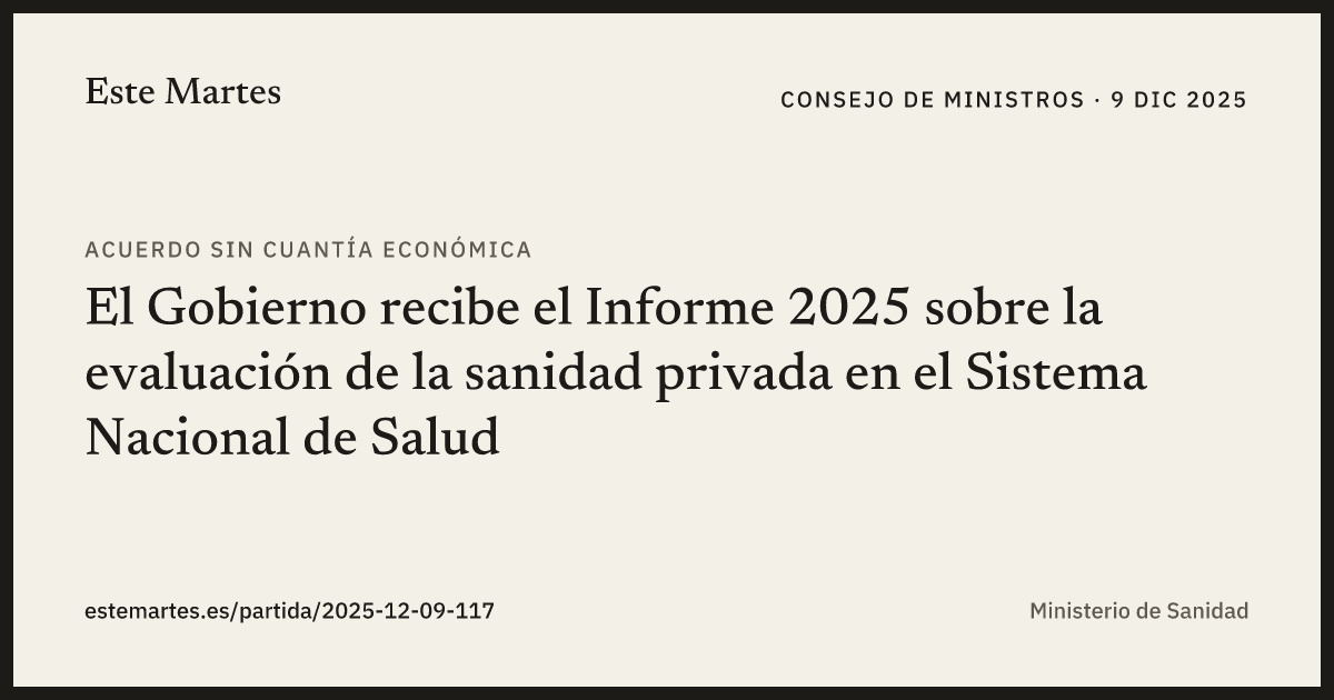 Tarjeta: El Gobierno recibe el Informe 2025 sobre la evaluación de la sanidad privada en el Sistema Nacional de Salud