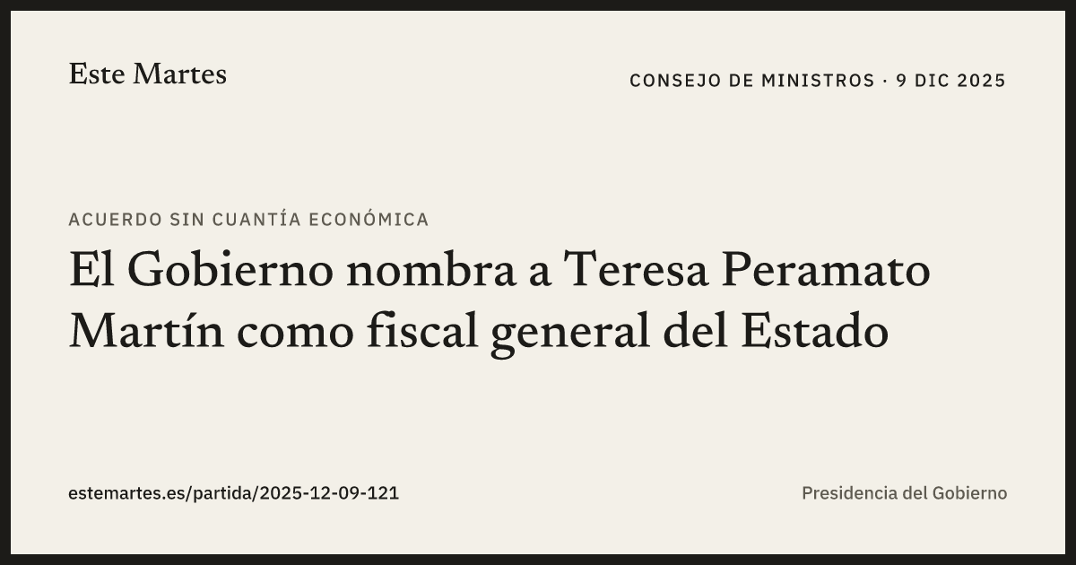 Tarjeta: El Gobierno nombra a Teresa Peramato Martín como fiscal general del Estado