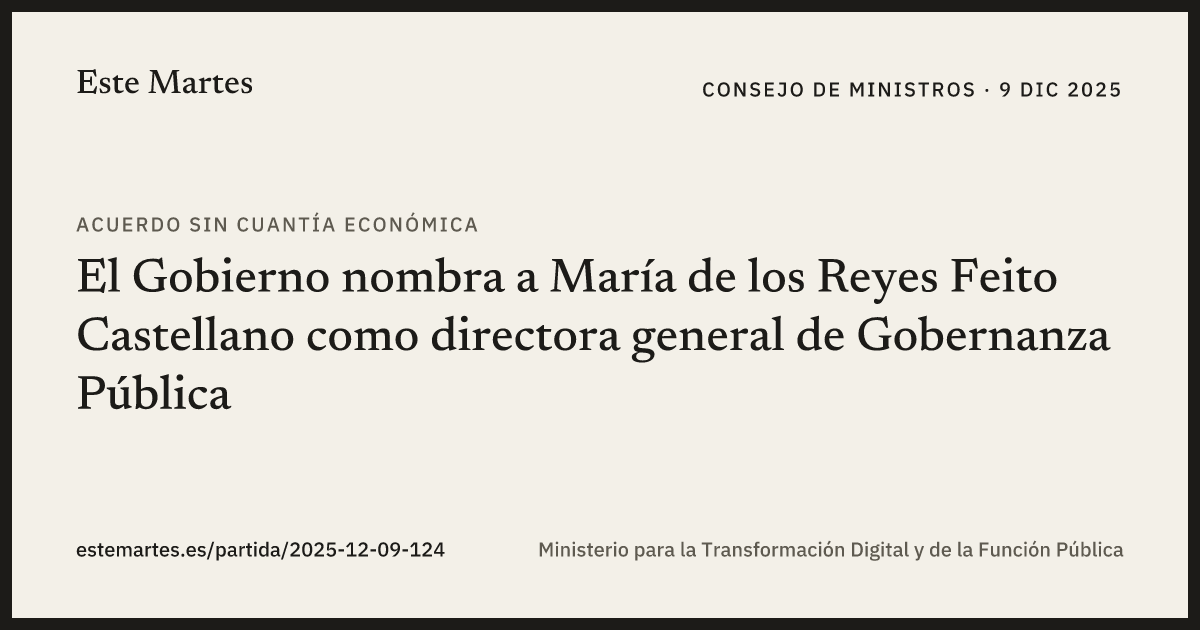 Tarjeta: El Gobierno nombra a María de los Reyes Feito Castellano como directora general de Gobernanza Pública