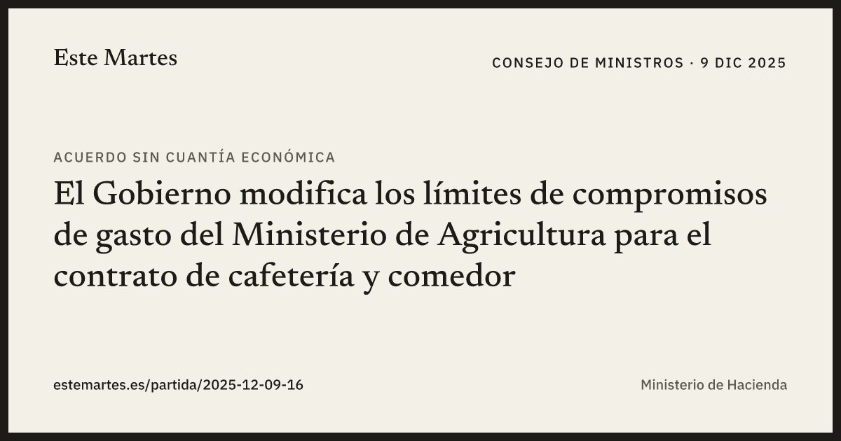 Tarjeta: El Gobierno modifica los límites de compromisos de gasto del Ministerio de Agricultura para el contrato de cafetería y comedor