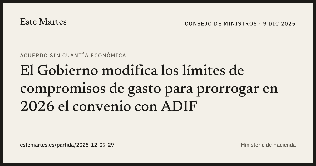 Tarjeta: El Gobierno modifica los límites de compromisos de gasto para prorrogar en 2026 el convenio con ADIF