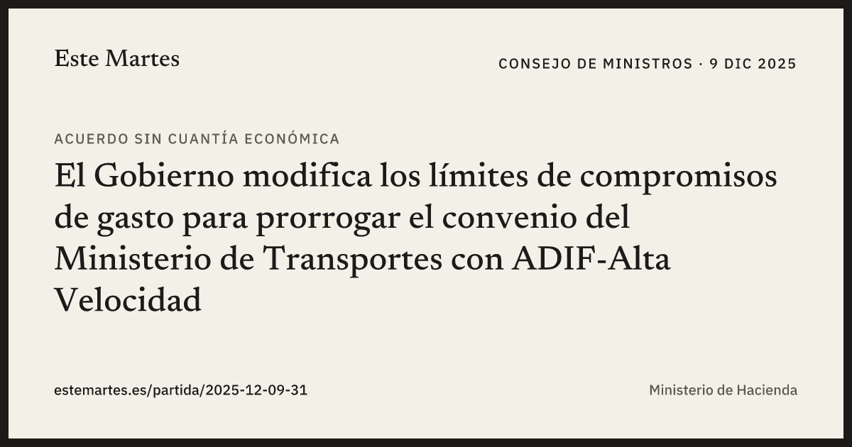 Tarjeta: El Gobierno modifica los límites de compromisos de gasto para prorrogar el convenio del Ministerio de Transportes con ADIF-Alta Velocidad