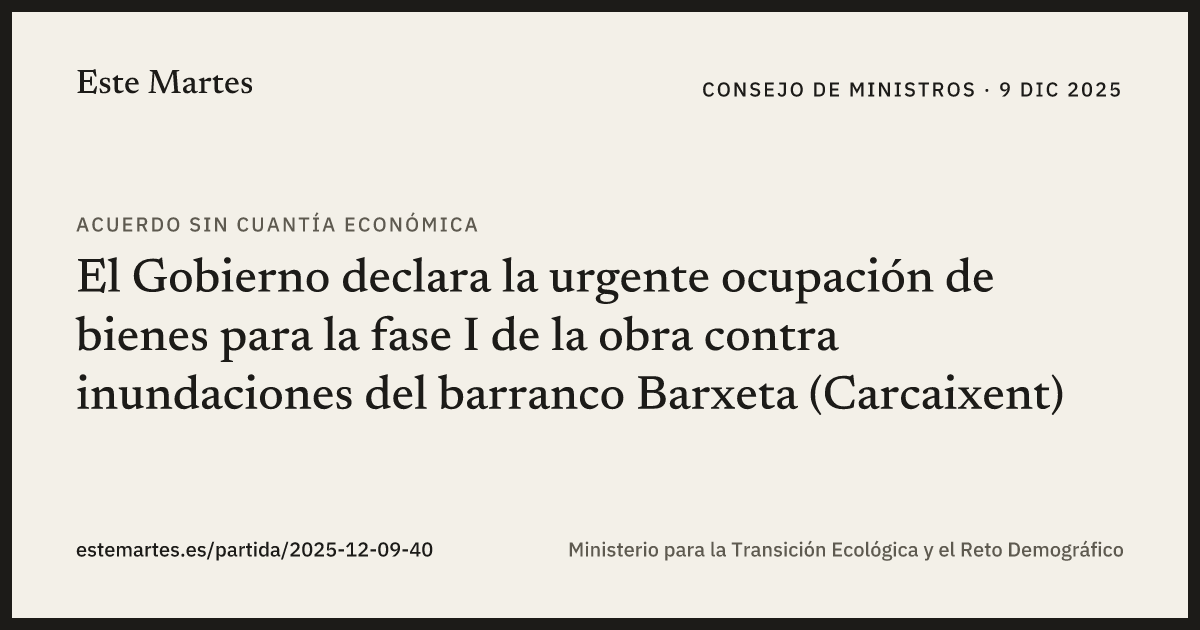 Tarjeta: El Gobierno declara la urgente ocupación de bienes para la fase I de la obra contra inundaciones del barranco Barxeta (Carcaixent)