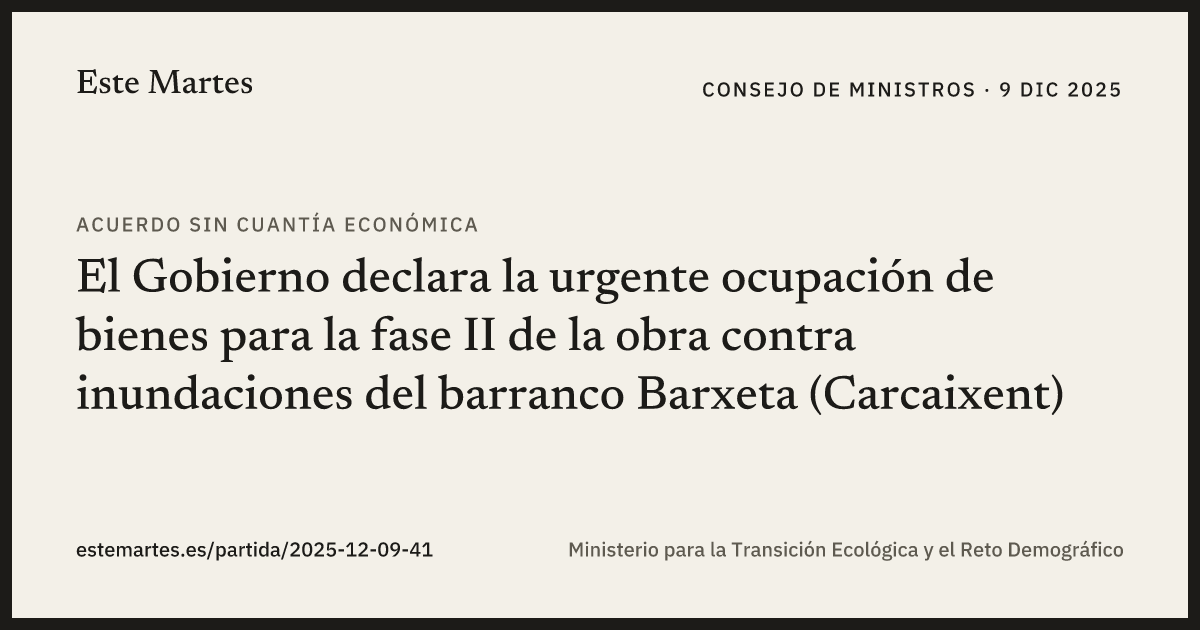 Tarjeta: El Gobierno declara la urgente ocupación de bienes para la fase II de la obra contra inundaciones del barranco Barxeta (Carcaixent)