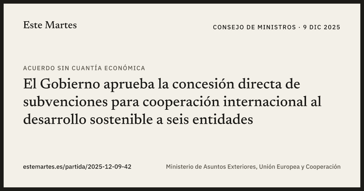 Tarjeta: El Gobierno aprueba la concesión directa de subvenciones para cooperación internacional al desarrollo sostenible a seis entidades