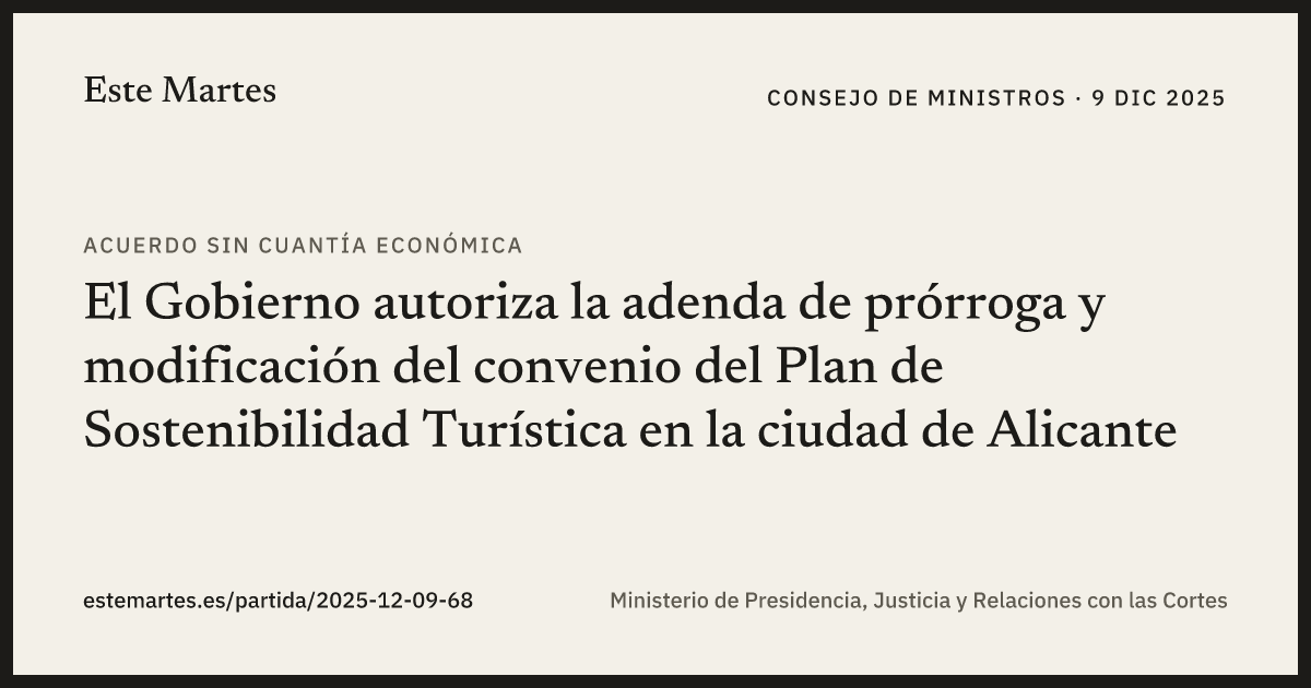 Tarjeta: El Gobierno autoriza la adenda de prórroga y modificación del convenio del Plan de Sostenibilidad Turística en la ciudad de Alicante