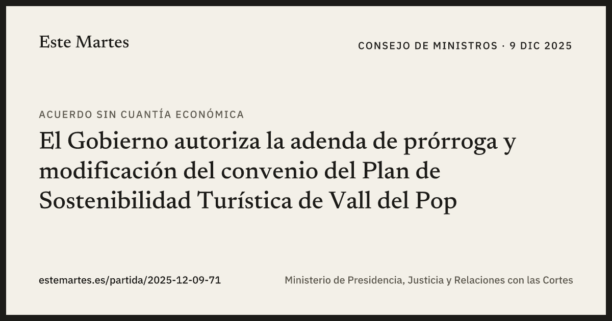 Tarjeta: El Gobierno autoriza la adenda de prórroga y modificación del convenio del Plan de Sostenibilidad Turística de Vall del Pop