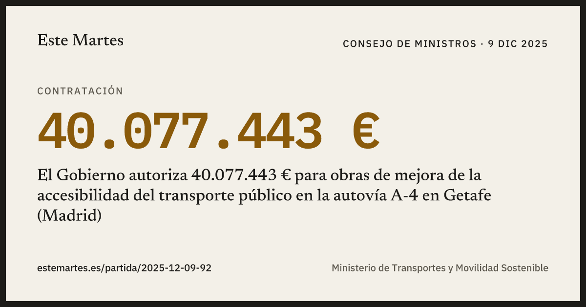 Tarjeta: El Gobierno autoriza 40.077.443 € para obras de mejora de la accesibilidad del transporte público en la autovía A-4 en Getafe (Madrid)