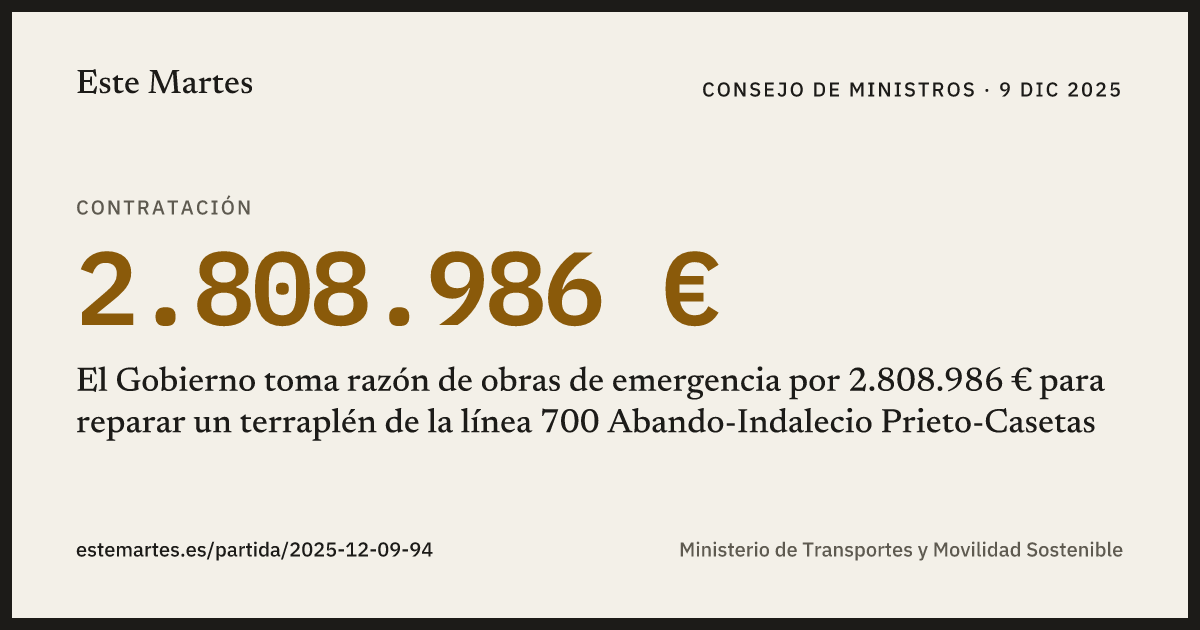 Tarjeta: El Gobierno toma razón de obras de emergencia por 2.808.986 € para reparar un terraplén de la línea 700 Abando-Indalecio Prieto-Casetas