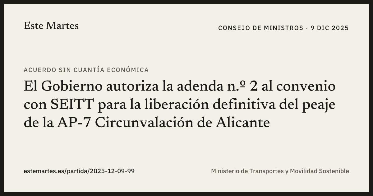 Tarjeta: El Gobierno autoriza la adenda n.º 2 al convenio con SEITT para la liberación definitiva del peaje de la AP-7 Circunvalación de Alicante