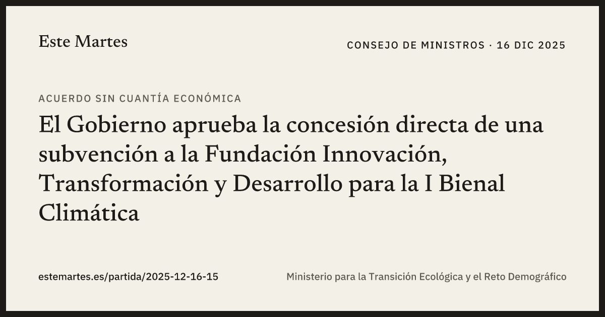 Tarjeta: El Gobierno aprueba la concesión directa de una subvención a la Fundación Innovación, Transformación y Desarrollo para la I Bienal Climática
