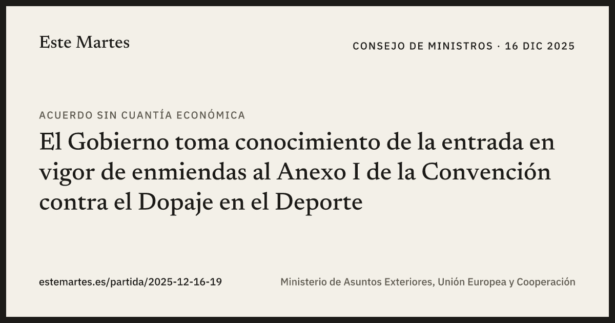 Tarjeta: El Gobierno toma conocimiento de la entrada en vigor de enmiendas al Anexo I de la Convención contra el Dopaje en el Deporte