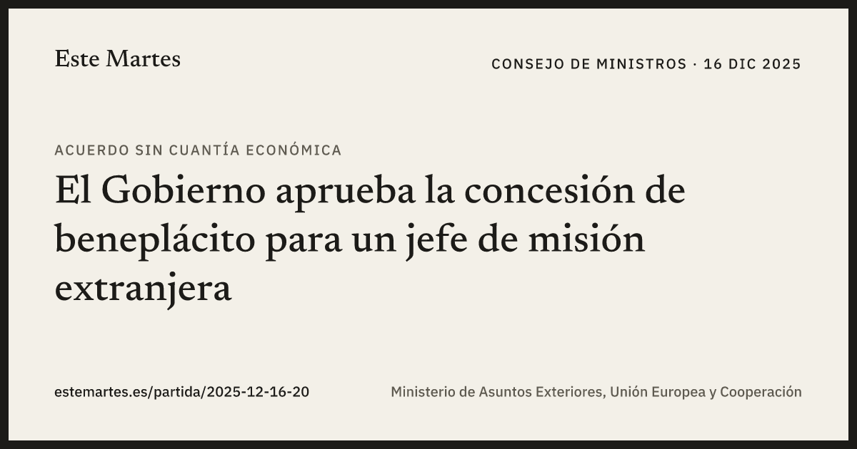 Tarjeta: El Gobierno aprueba la concesión de beneplácito para un jefe de misión extranjera