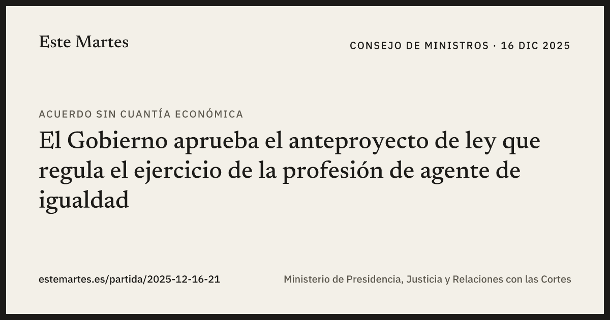 Tarjeta: El Gobierno aprueba el anteproyecto de ley que regula el ejercicio de la profesión de agente de igualdad