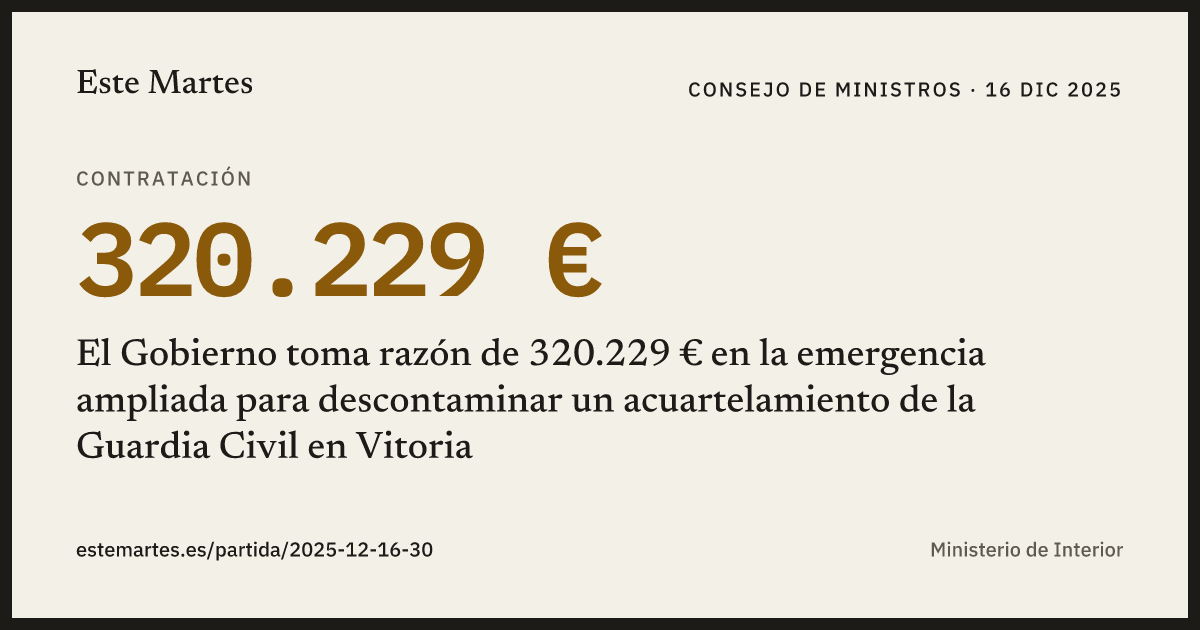 Tarjeta: El Gobierno toma razón de 320.229 € en la emergencia ampliada para descontaminar un acuartelamiento de la Guardia Civil en Vitoria