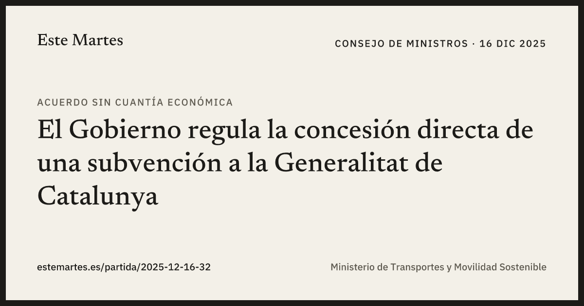 Tarjeta: El Gobierno regula la concesión directa de una subvención a la Generalitat de Catalunya
