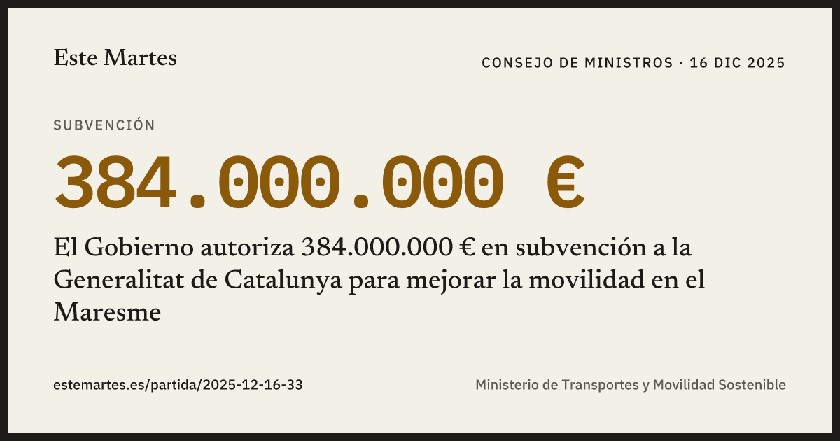 Tarjeta: El Gobierno autoriza 384.000.000 € en subvención a la Generalitat de Catalunya para mejorar la movilidad en el Maresme