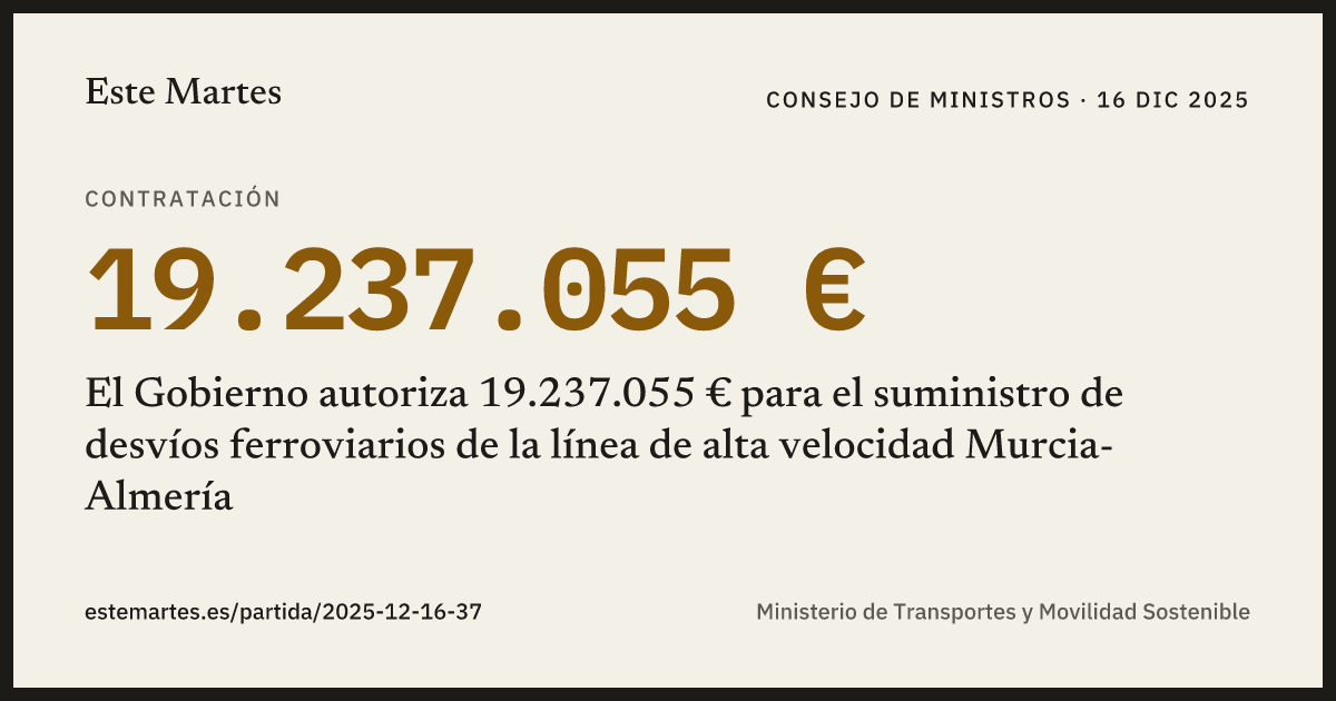 Tarjeta: El Gobierno autoriza 19.237.055 € para el suministro de desvíos ferroviarios de la línea de alta velocidad Murcia-Almería