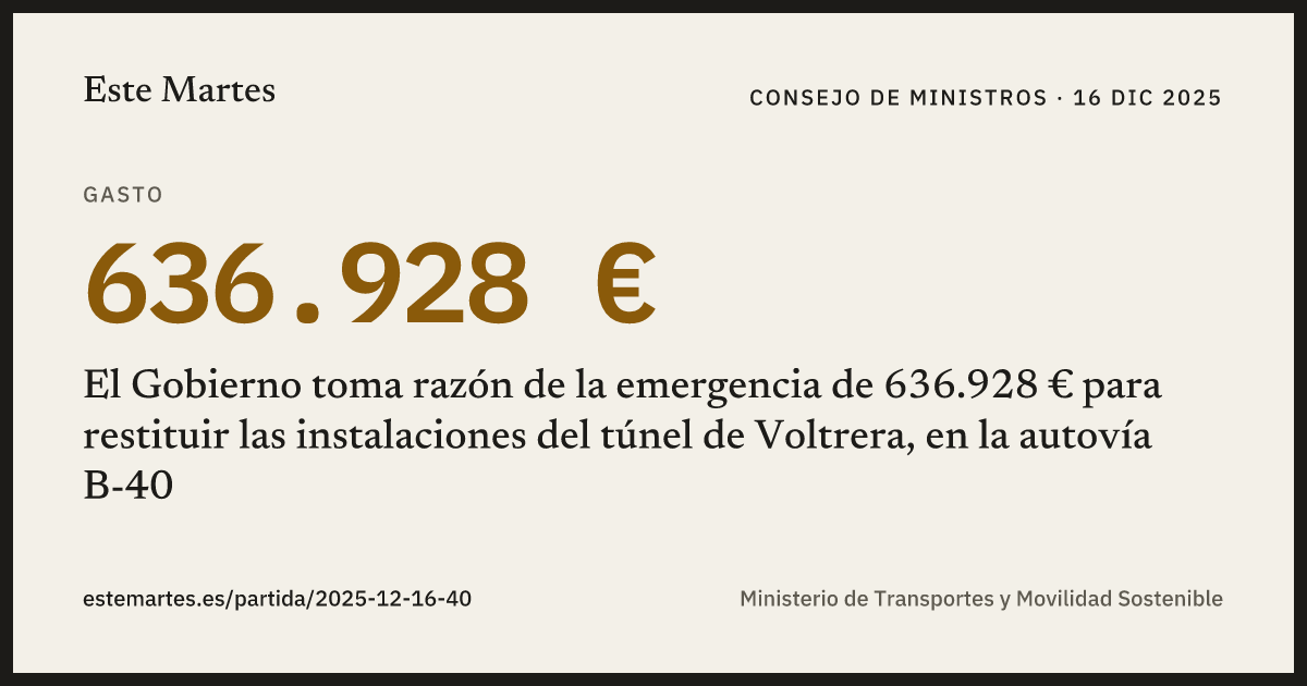 Tarjeta: El Gobierno toma razón de la emergencia de 636.928 € para restituir las instalaciones del túnel de Voltrera, en la autovía B-40