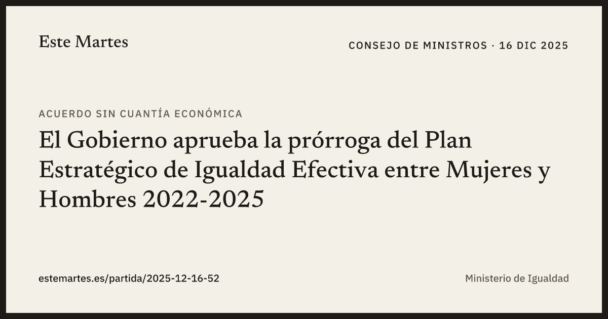 Tarjeta: El Gobierno aprueba la prórroga del Plan Estratégico de Igualdad Efectiva entre Mujeres y Hombres 2022-2025