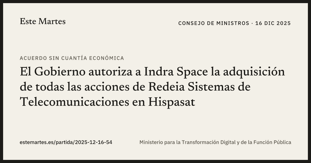 Tarjeta: El Gobierno autoriza a Indra Space la adquisición de todas las acciones de Redeia Sistemas de Telecomunicaciones en Hispasat