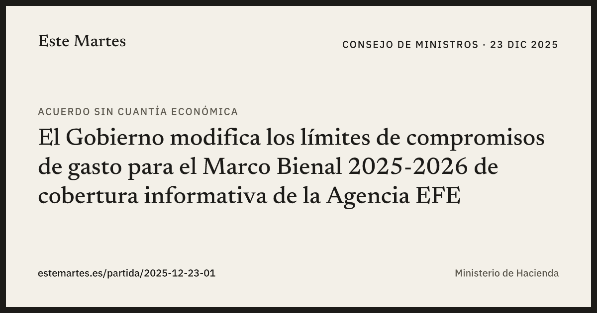 Tarjeta: El Gobierno modifica los límites de compromisos de gasto para el Marco Bienal 2025-2026 de cobertura informativa de la Agencia EFE