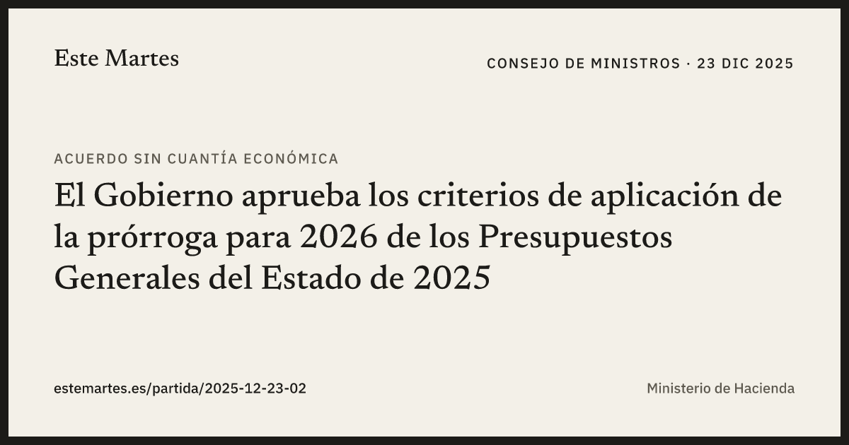 Tarjeta: El Gobierno aprueba los criterios de aplicación de la prórroga para 2026 de los Presupuestos Generales del Estado de 2025