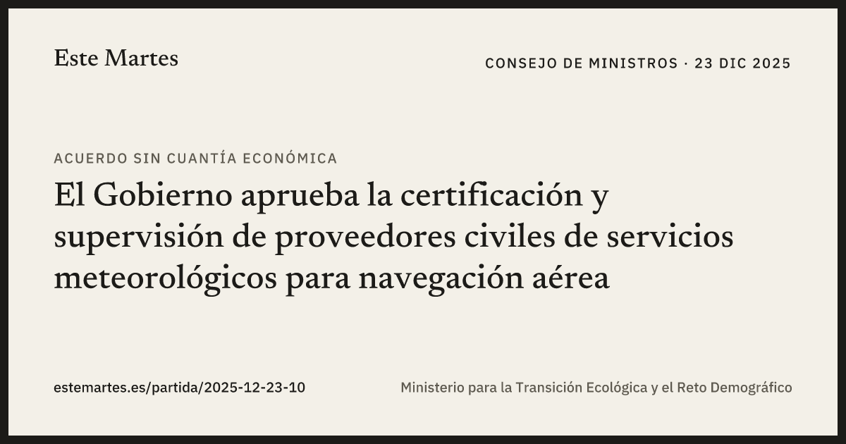 Tarjeta: El Gobierno aprueba la certificación y supervisión de proveedores civiles de servicios meteorológicos para navegación aérea