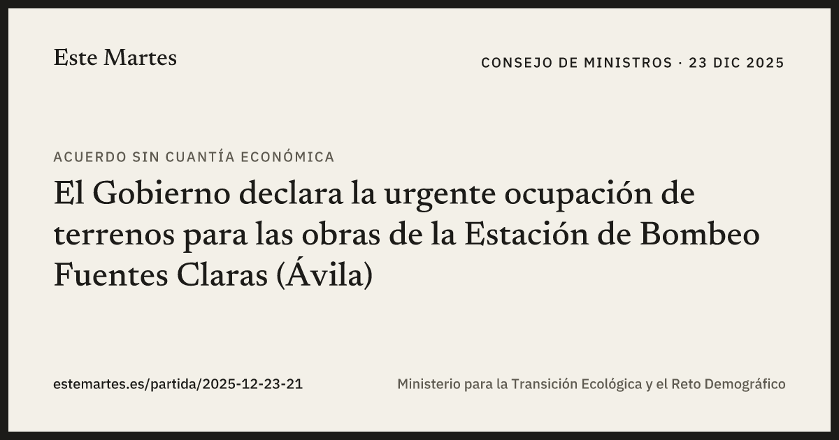 Tarjeta: El Gobierno declara la urgente ocupación de terrenos para las obras de la Estación de Bombeo Fuentes Claras (Ávila)