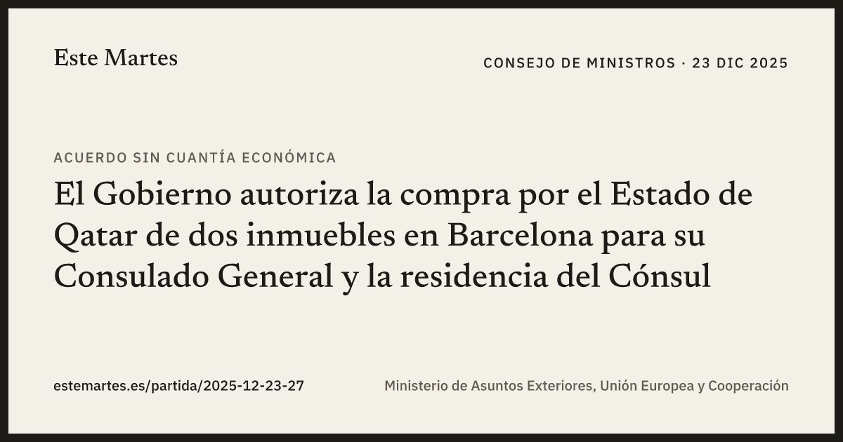 Tarjeta: El Gobierno autoriza la compra por el Estado de Qatar de dos inmuebles en Barcelona para su Consulado General y la residencia del Cónsul