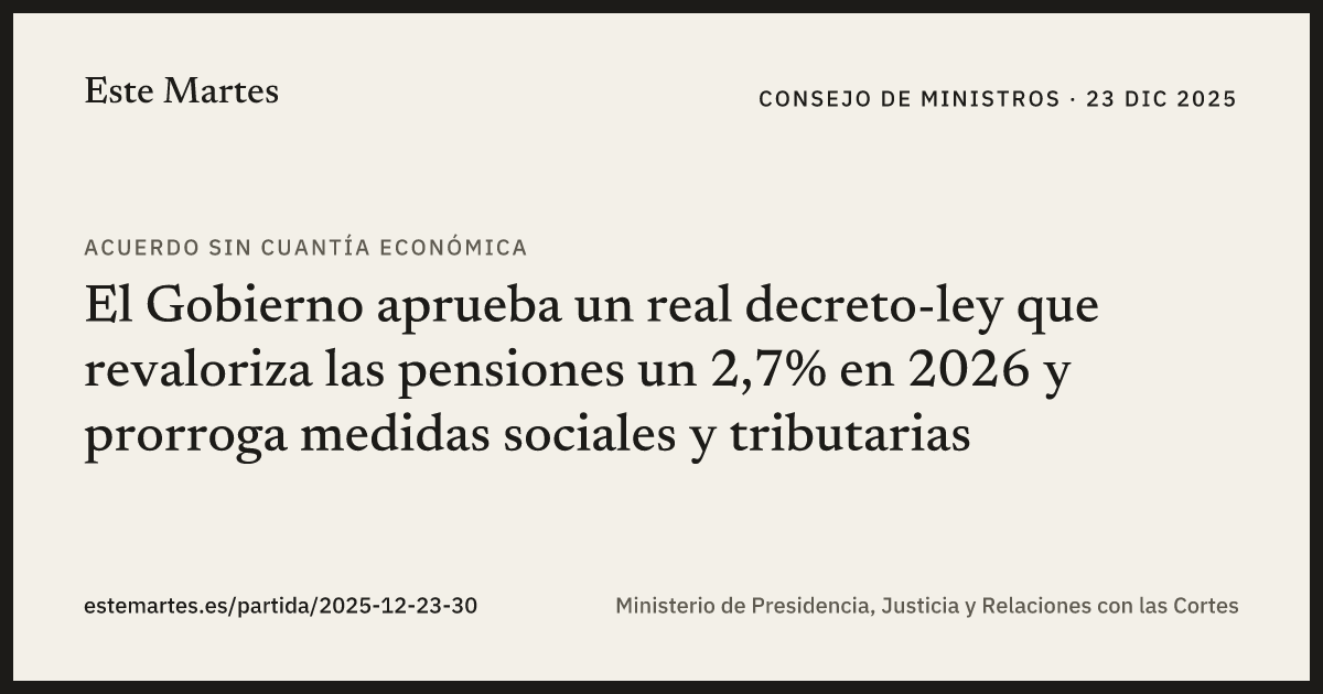 Tarjeta: El Gobierno aprueba un real decreto-ley que revaloriza las pensiones un 2,7% en 2026 y prorroga medidas sociales y tributarias