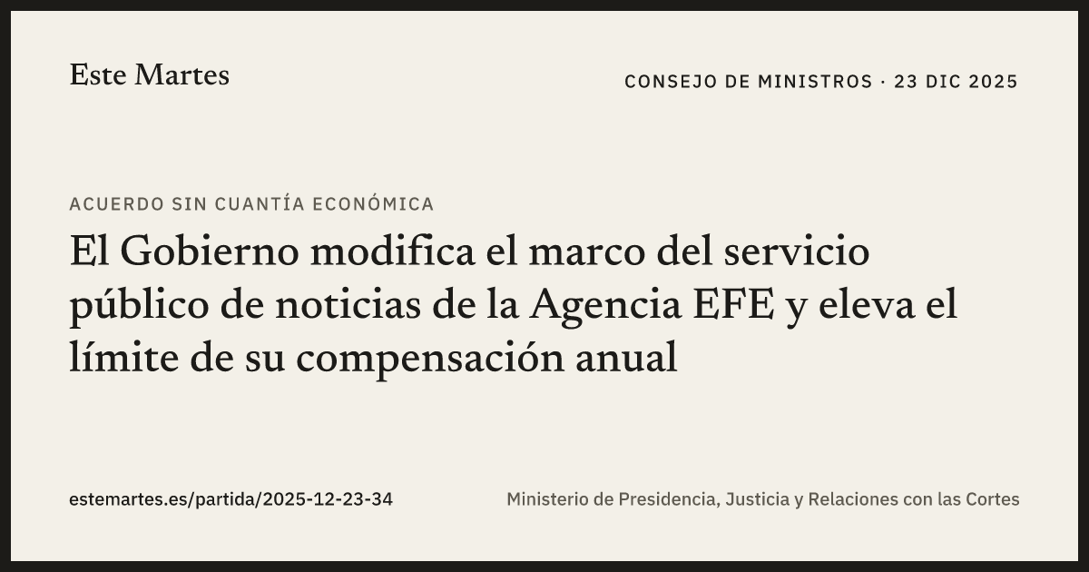 Tarjeta: El Gobierno modifica el marco del servicio público de noticias de la Agencia EFE y eleva el límite de su compensación anual