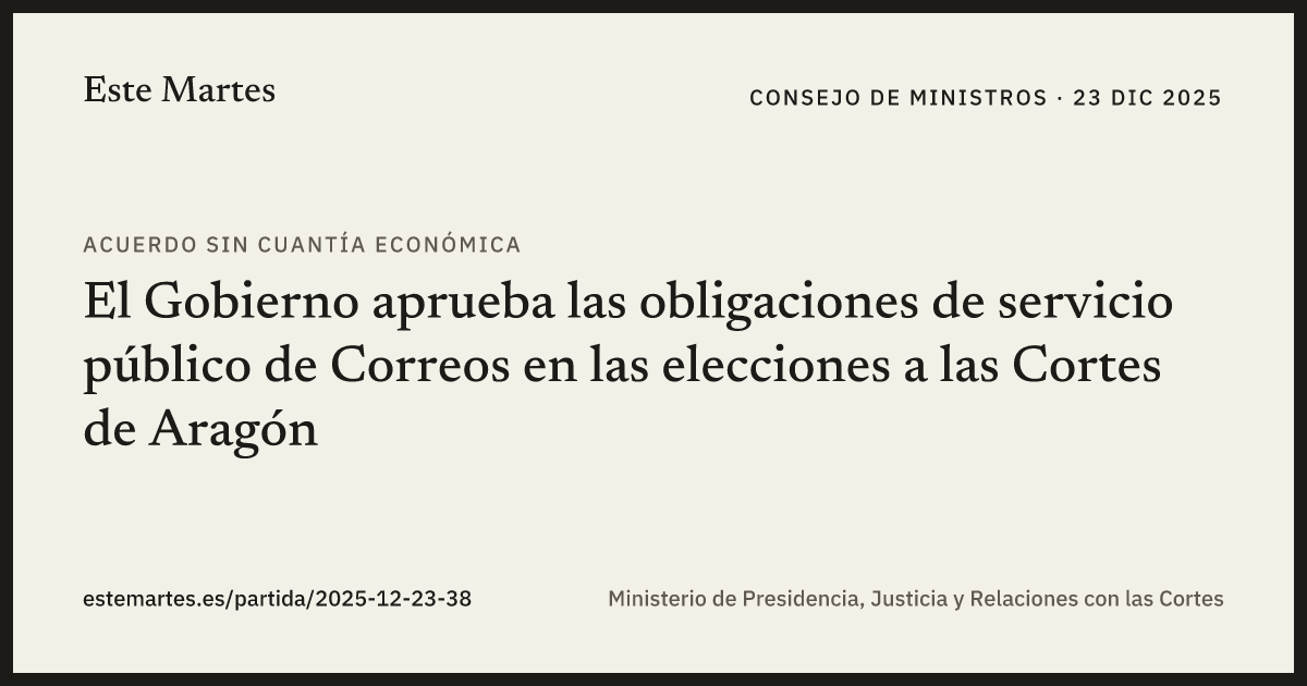 Tarjeta: El Gobierno aprueba las obligaciones de servicio público de Correos en las elecciones a las Cortes de Aragón