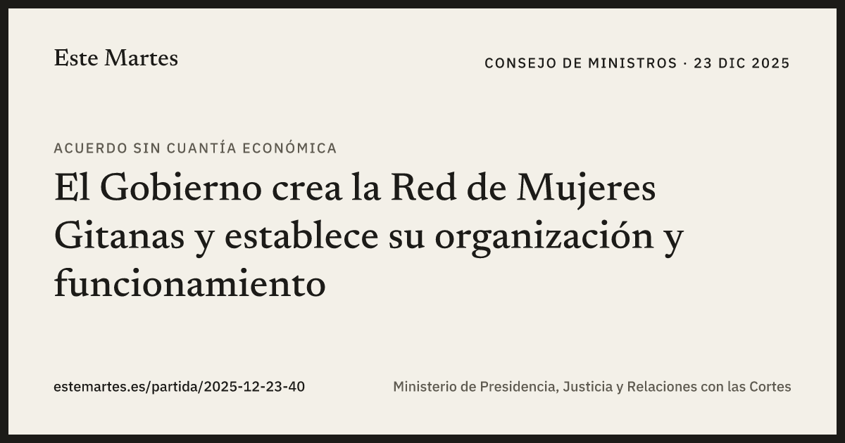 Tarjeta: El Gobierno crea la Red de Mujeres Gitanas y establece su organización y funcionamiento