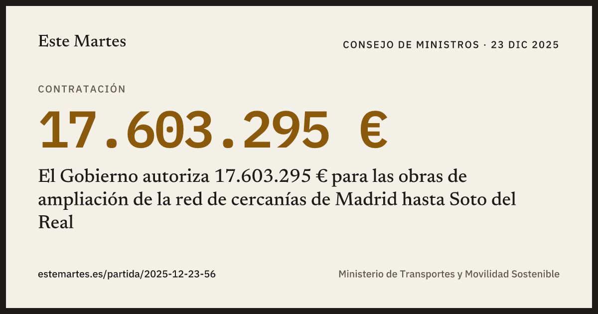 Tarjeta: El Gobierno autoriza 17.603.295 € para las obras de ampliación de la red de cercanías de Madrid hasta Soto del Real