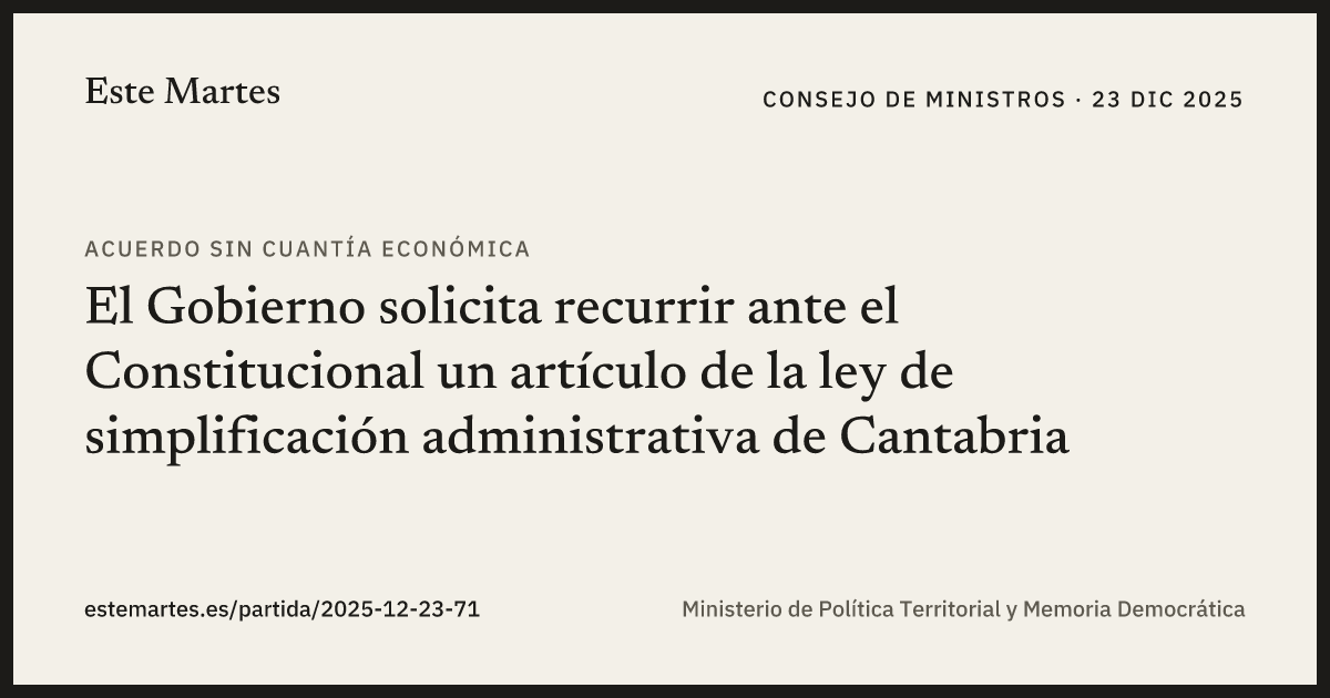 Tarjeta: El Gobierno solicita recurrir ante el Constitucional un artículo de la ley de simplificación administrativa de Cantabria