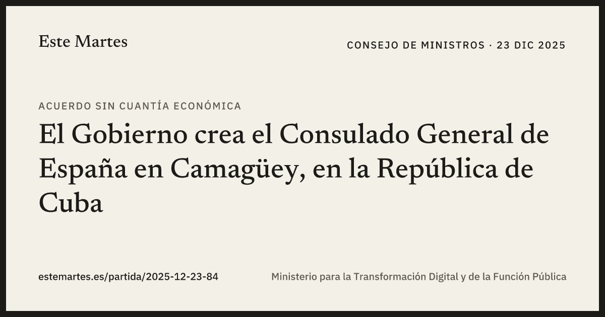 Tarjeta: El Gobierno crea el Consulado General de España en Camagüey, en la República de Cuba