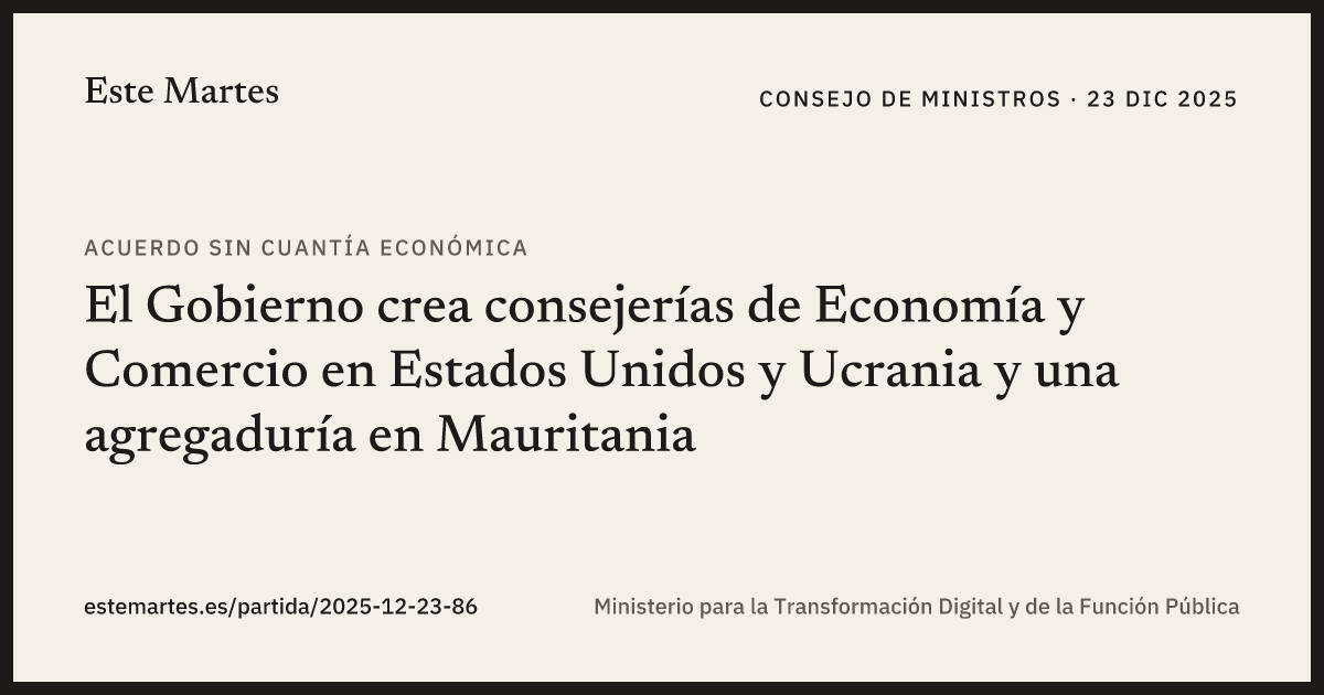Tarjeta: El Gobierno crea consejerías de Economía y Comercio en Estados Unidos y Ucrania y una agregaduría en Mauritania