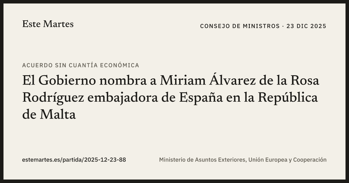 Tarjeta: El Gobierno nombra a Miriam Álvarez de la Rosa Rodríguez embajadora de España en la República de Malta