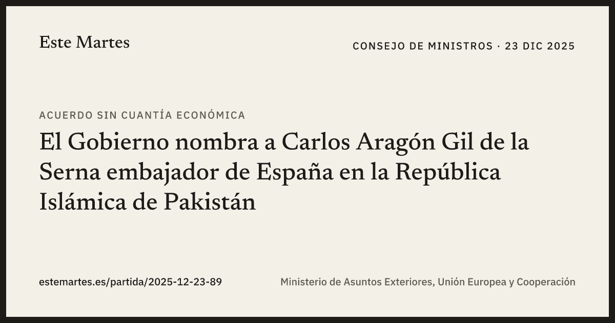 Tarjeta: El Gobierno nombra a Carlos Aragón Gil de la Serna embajador de España en la República Islámica de Pakistán