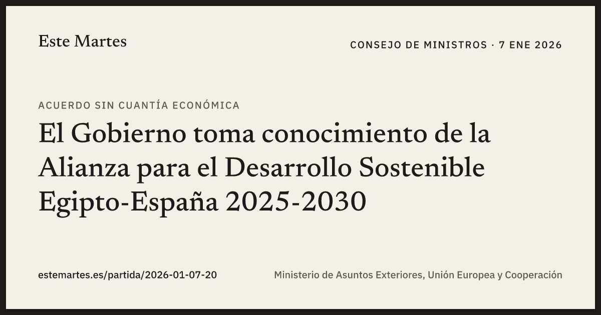 Tarjeta: El Gobierno toma conocimiento de la Alianza para el Desarrollo Sostenible Egipto-España 2025-2030