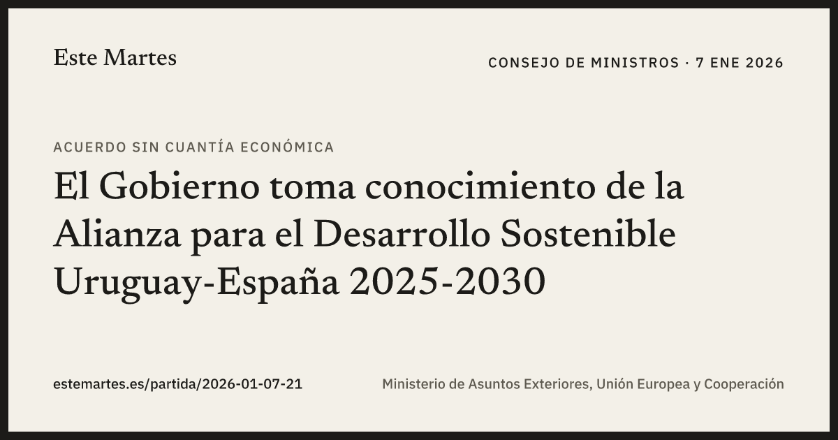Tarjeta: El Gobierno toma conocimiento de la Alianza para el Desarrollo Sostenible Uruguay-España 2025-2030