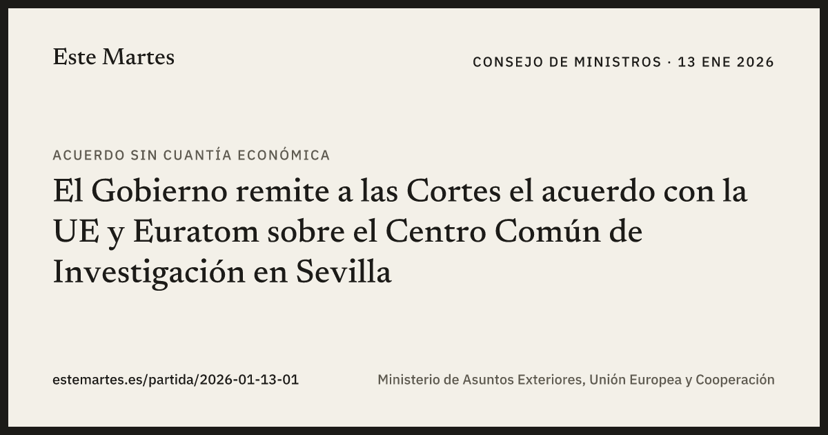 Tarjeta: El Gobierno remite a las Cortes el acuerdo con la UE y Euratom sobre el Centro Común de Investigación en Sevilla