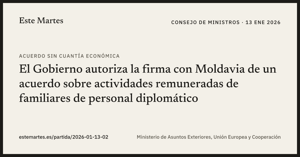 Tarjeta: El Gobierno autoriza la firma con Moldavia de un acuerdo sobre actividades remuneradas de familiares de personal diplomático