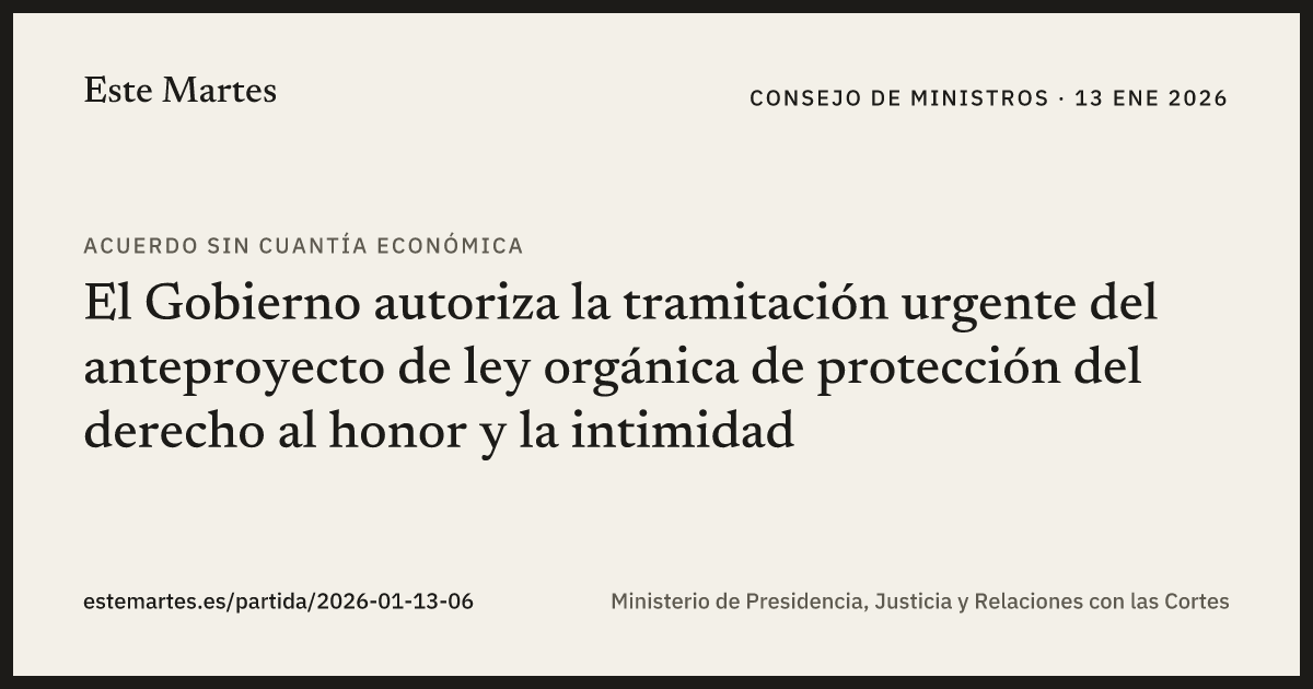 Tarjeta: El Gobierno autoriza la tramitación urgente del anteproyecto de ley orgánica de protección del derecho al honor y la intimidad