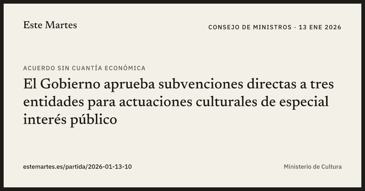 Tarjeta: El Gobierno aprueba subvenciones directas a tres entidades para actuaciones culturales de especial interés público
