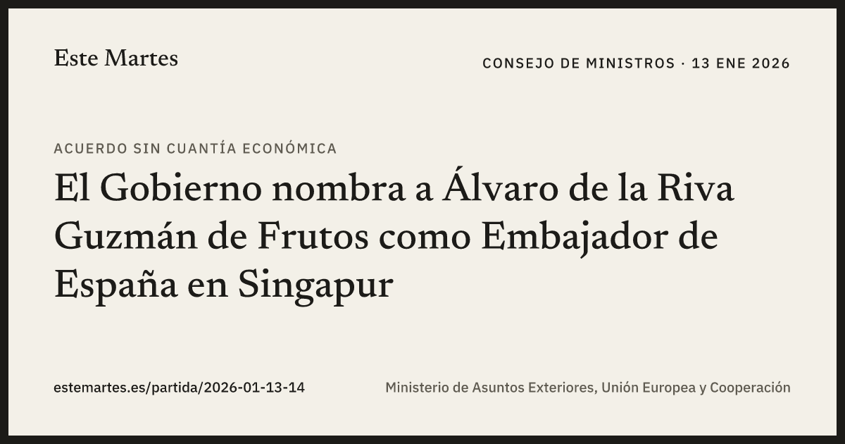 Tarjeta: El Gobierno nombra a Álvaro de la Riva Guzmán de Frutos como Embajador de España en Singapur