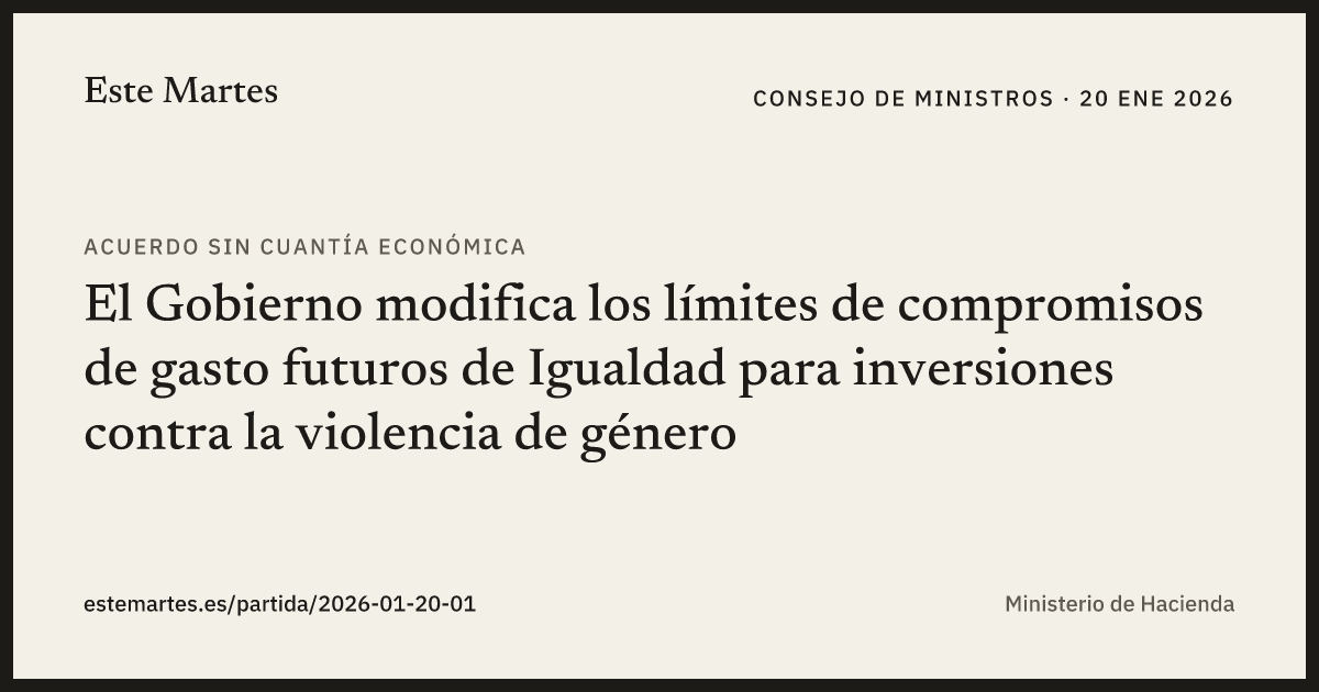 Tarjeta: El Gobierno modifica los límites de compromisos de gasto futuros de Igualdad para inversiones contra la violencia de género