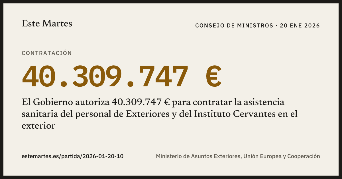 Tarjeta: El Gobierno autoriza 40.309.747 € para contratar la asistencia sanitaria del personal de Exteriores y del Instituto Cervantes en el exterior