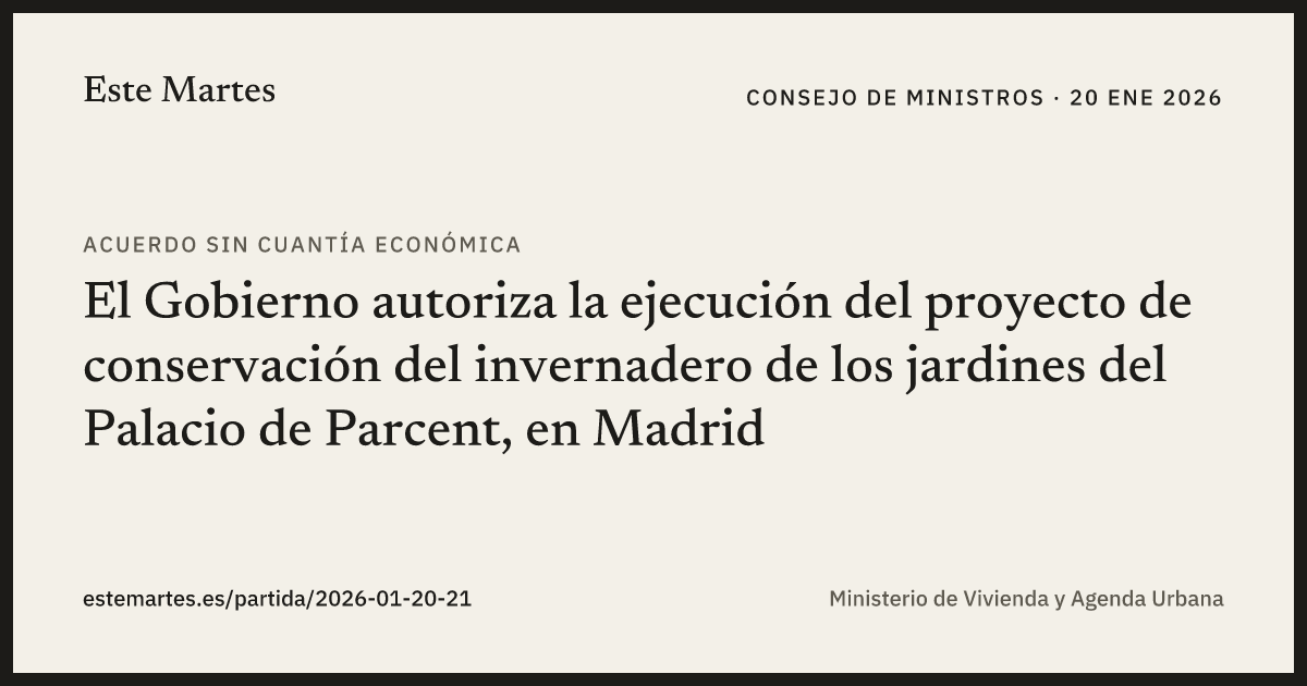 Tarjeta: El Gobierno autoriza la ejecución del proyecto de conservación del invernadero de los jardines del Palacio de Parcent, en Madrid
